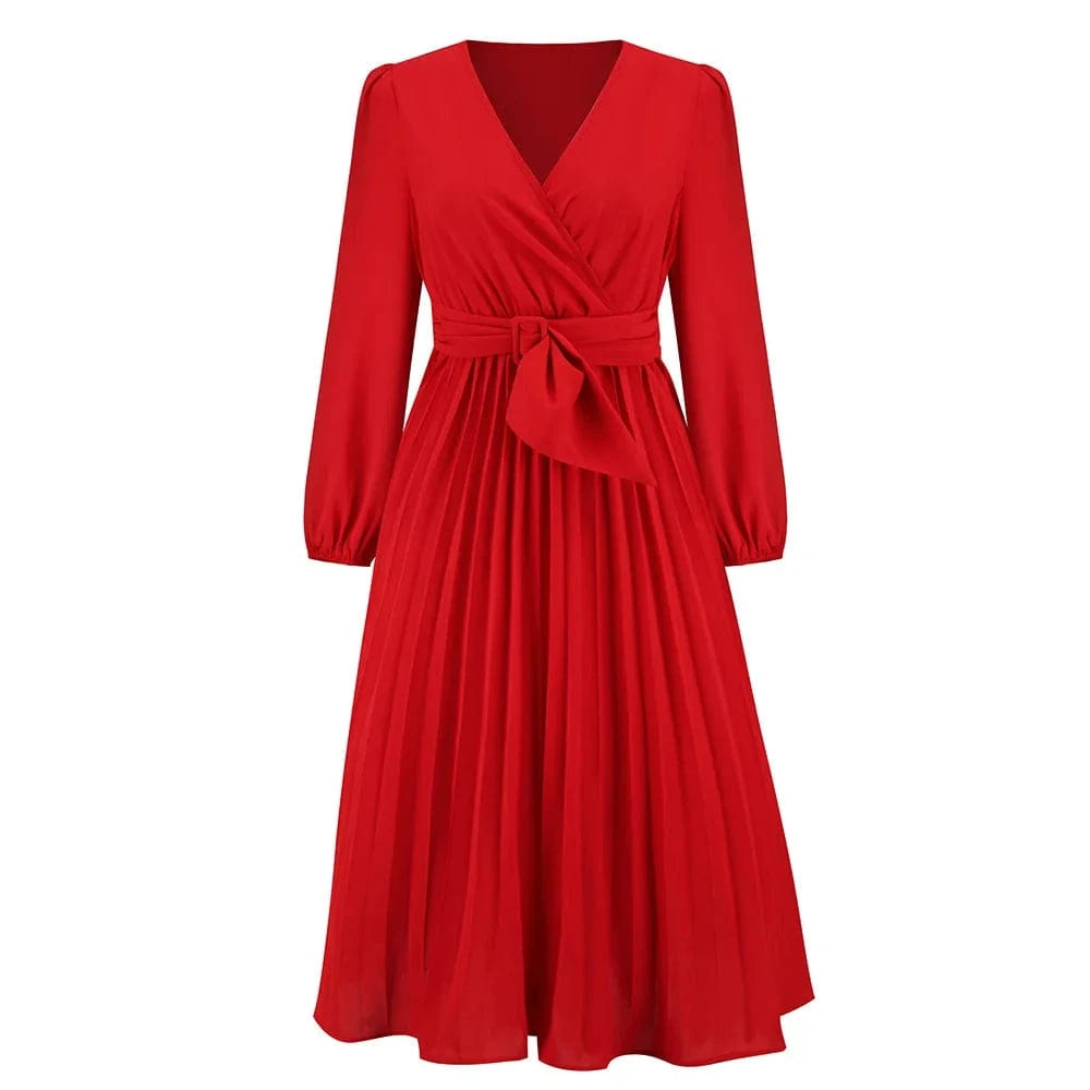 2 XL / Red Spring Autumn New Long Sleeve Slim Pleated Belt V-neck Women's A-line Dress Lantern Sleeve Evening Women Elegant Dresses