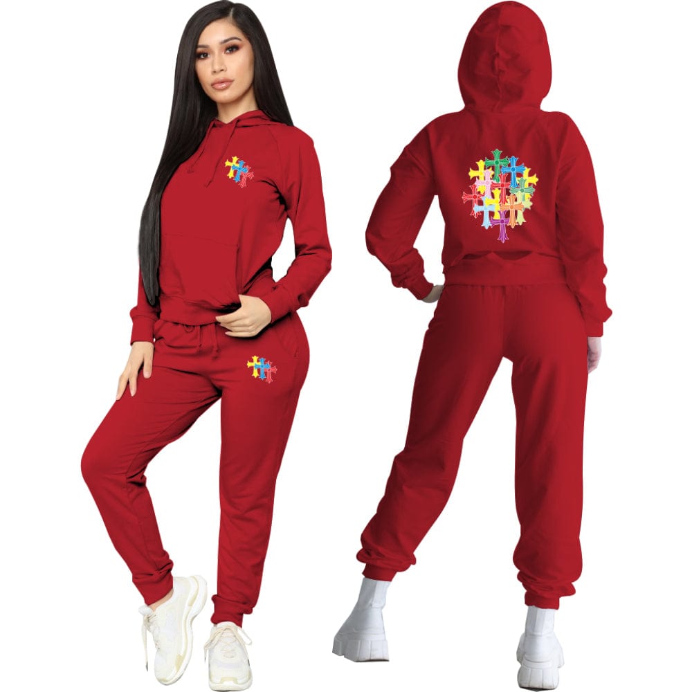 2 XL / Red Trendy Women Clothes Designer Clothes Fashion Printed Drawstring Hooded Collar Long Sleeve Two Pieces Pant Set
