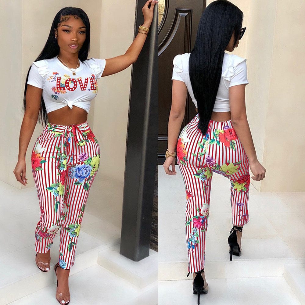 2 XL / Red Z97988 Plus Size Casual flowers Print Short Sleeve Pencil pants set women two piece