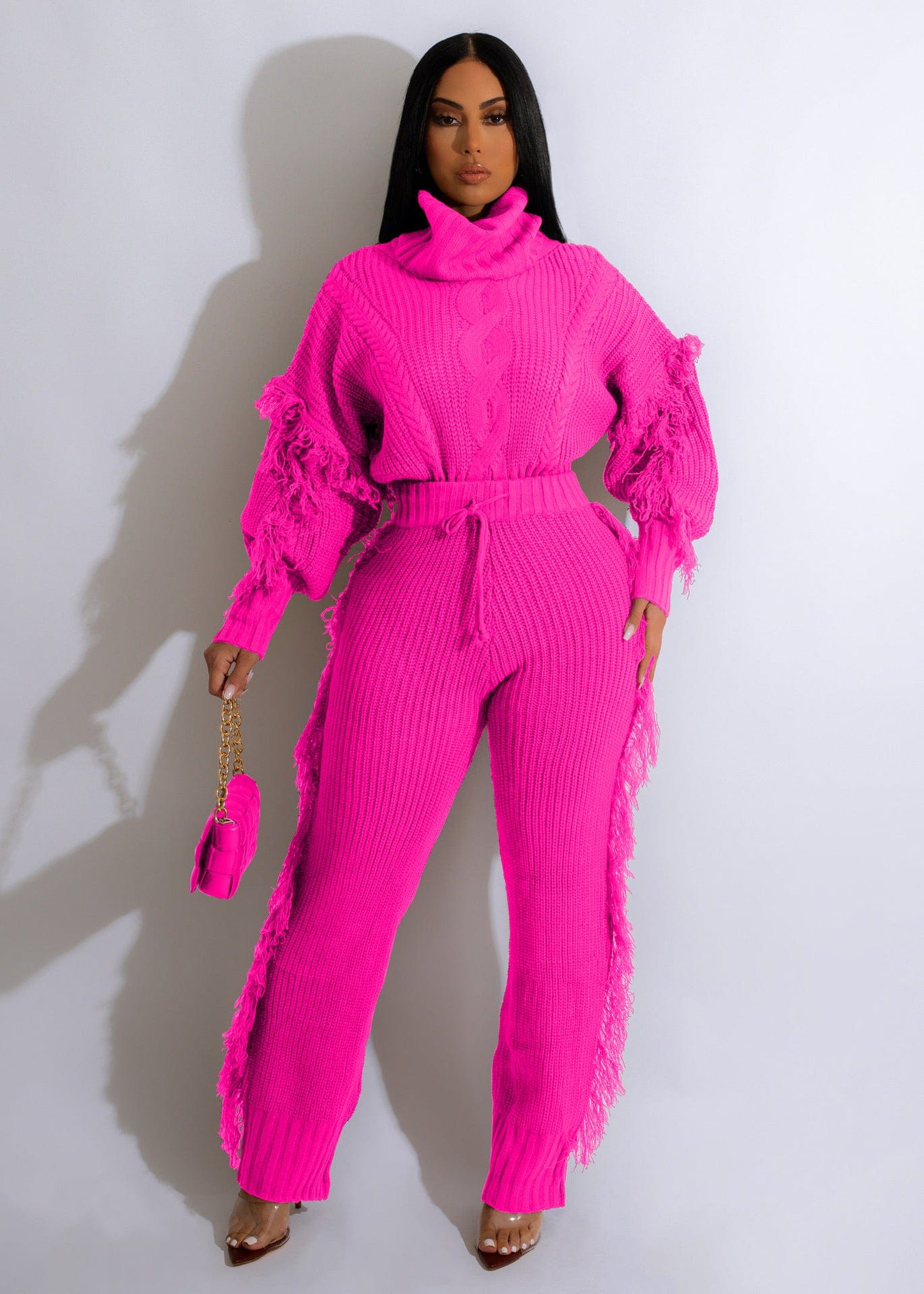 2 XL / Rose Red C1103TA73 High Quality Casual Solid Color Turtleneck Knitted Tassel 2 Piece Pants Set Women Sehe Fashion