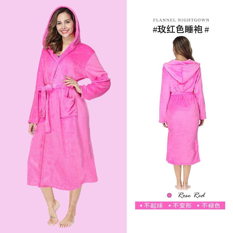 2 XL / Rose red unisex winter warm soft terry cloth flannel bathrobes women's warm plus size 1 piece long sleeve robe pajama gown for women