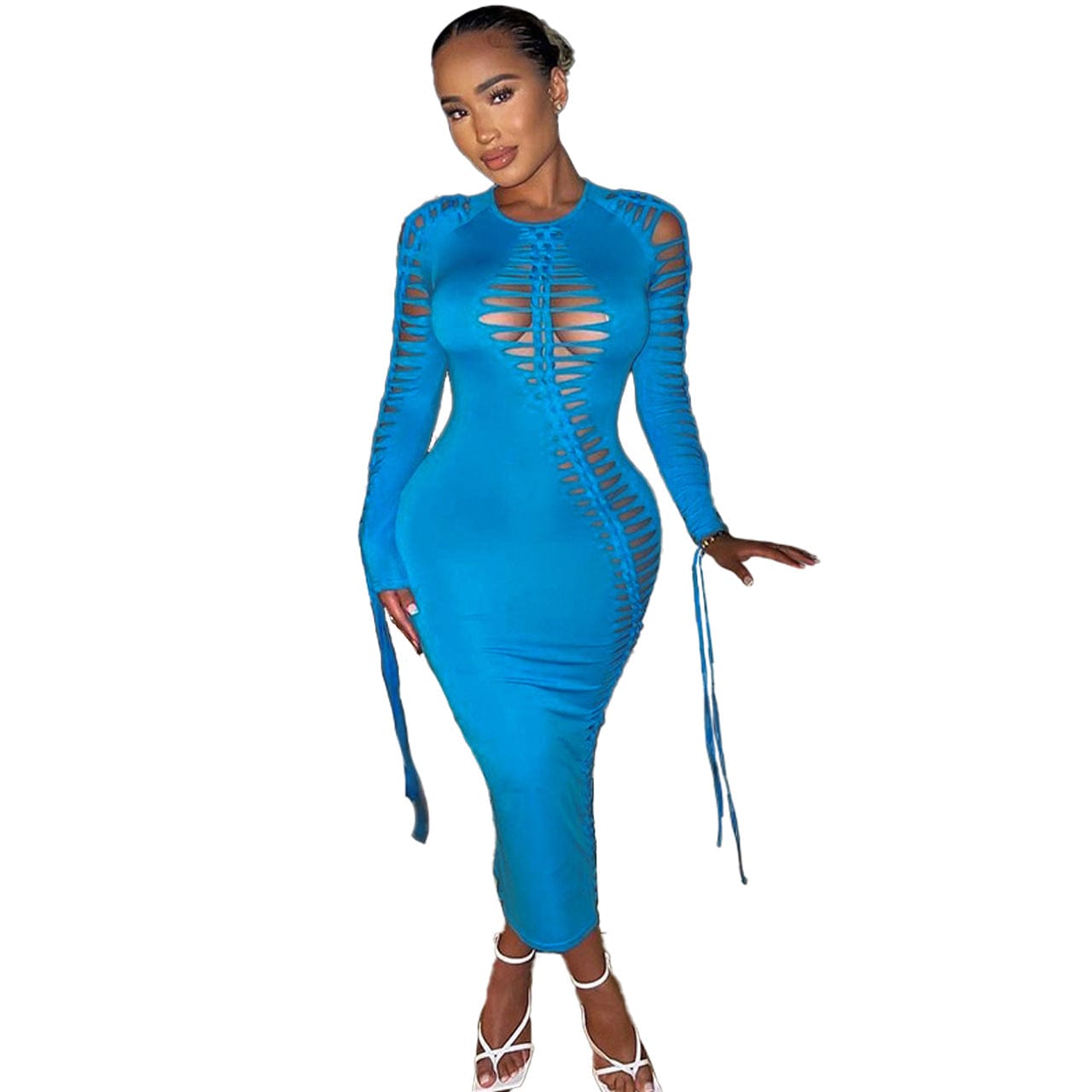 2 XL / Sky Blue 2023 New Arrival Women Fall Dresses For Women Sexy Long Sleeve Dresses Cut Out Lace Up Sexy Bodycon Maxi Dress