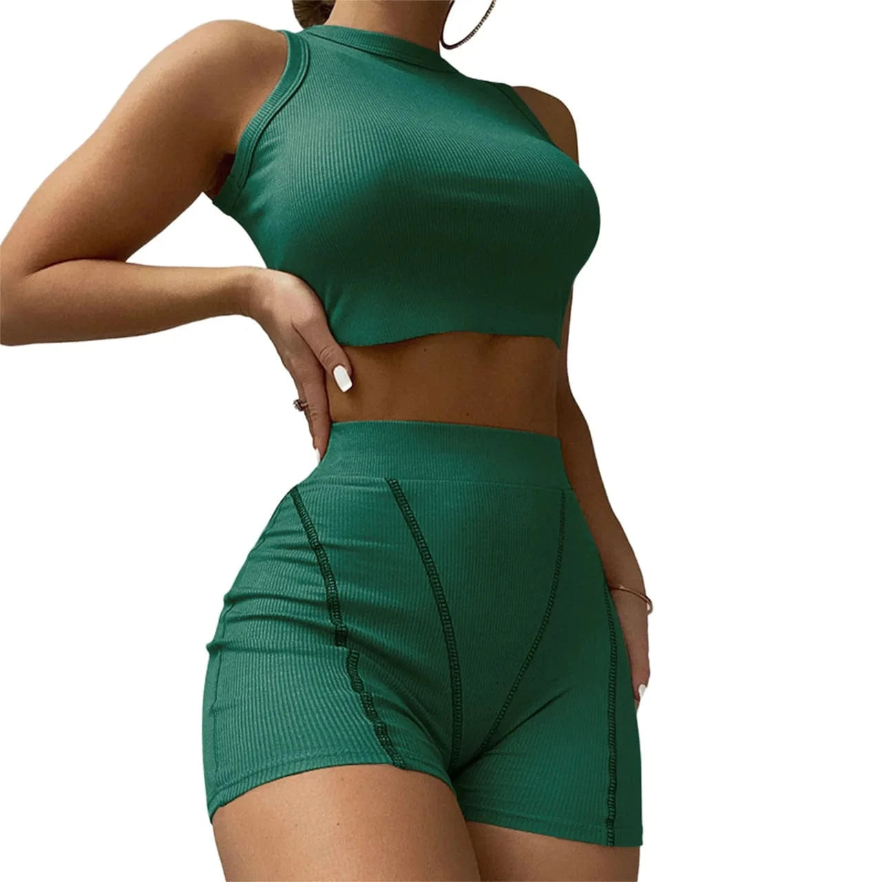 2 XL / tea Green 2022 INS Hot Ribbed Stretchy Fabric Crew Neck Crop Top and Shorts Pants Outfit Women Casual Two Piece Set