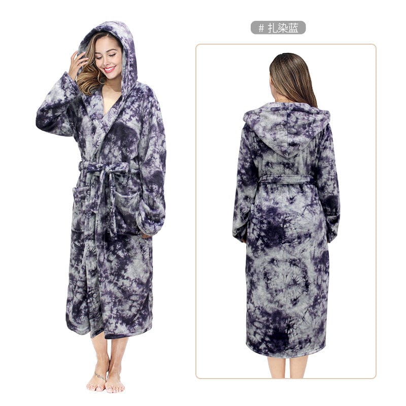 2 XL / Tie dye blue unisex winter warm soft terry cloth flannel bathrobes women's warm plus size 1 piece long sleeve robe pajama gown for women