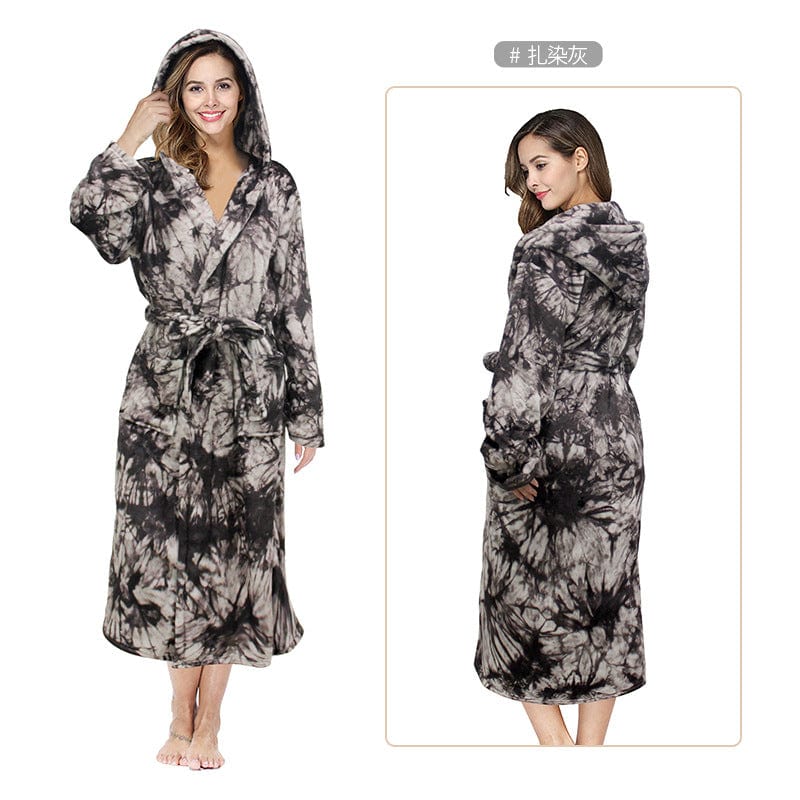 2 XL / Tie dye gray unisex winter warm soft terry cloth flannel bathrobes women's warm plus size 1 piece long sleeve robe pajama gown for women