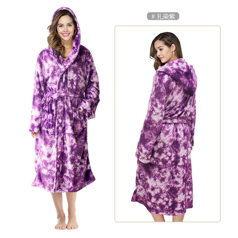 2 XL / Tie dye purple unisex winter warm soft terry cloth flannel bathrobes women's warm plus size 1 piece long sleeve robe pajama gown for women