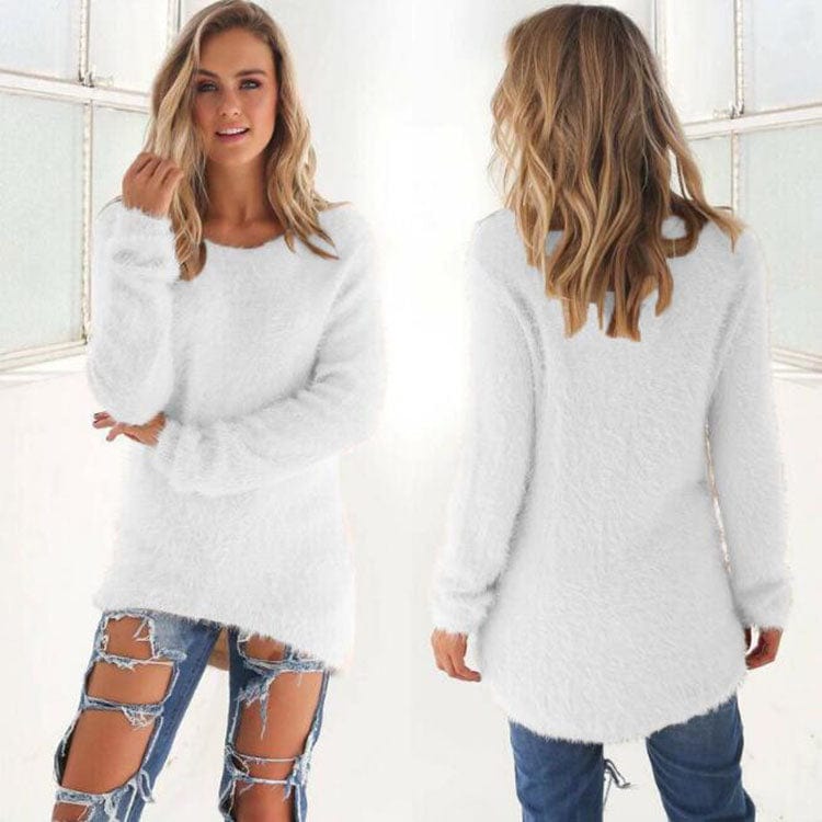 2 XL / White 2022 Fall Fashion Ladies Solid Color Fleece Loose Sweater Top Women Winter Crewneck Long Sleeve Pullover Warm Sweaters for Woman