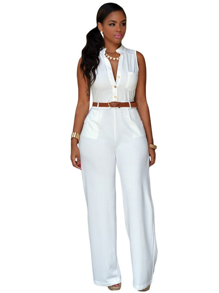 2 XL / White 2022 New Arrivals Summer High Waist Jumpsuit Solid Color Women One Piece Suit Plus Size Sleeveless Elegant Rompers