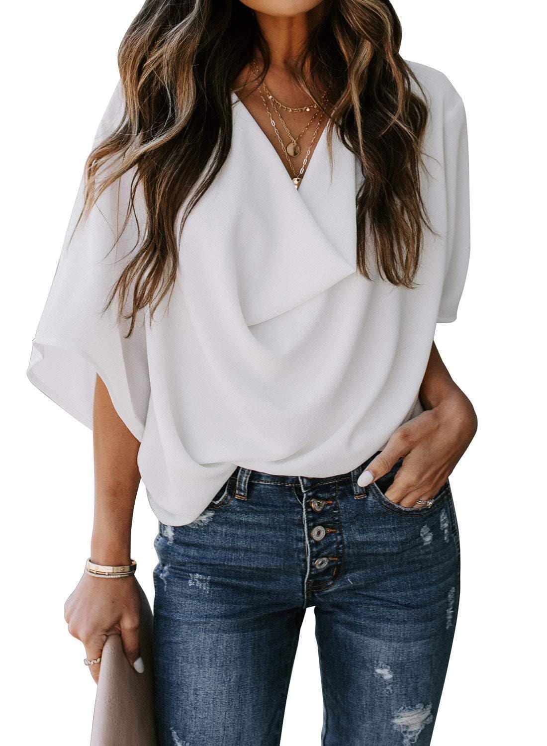 2 XL / White 2022 Summer Women New Fashion V-neck Short Sleeve Chiffon Solid Casual Tops T-Shirt Clothing Women's Top