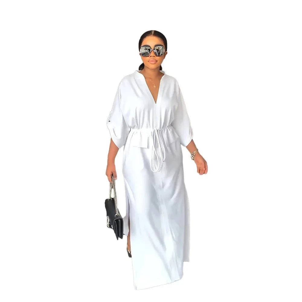 2 XL / White 2023 Women Clothing Loose Waist Tucked Casual Tooling Skirt Side Slit Summer Short-sleeved V-neck Loose Women Dress