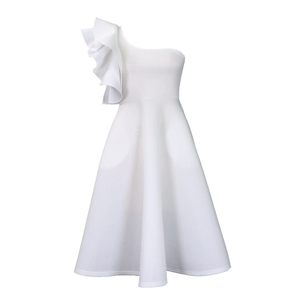 2 XL / White C1102ME72 Dropshipping Elegant One Shoulder Ruffles Solid Color A-Line Dress Women Sehe Fashion