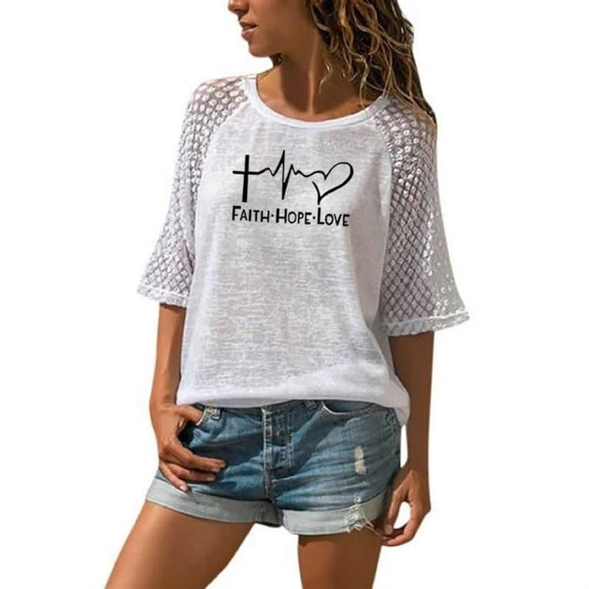 2 XL / White Fashion 2022 Casual T Shirt For Women Faith Hope Love Letters Print T Shirt Female Women Summer Plus Size 3/4 Sleeve Tops Tees