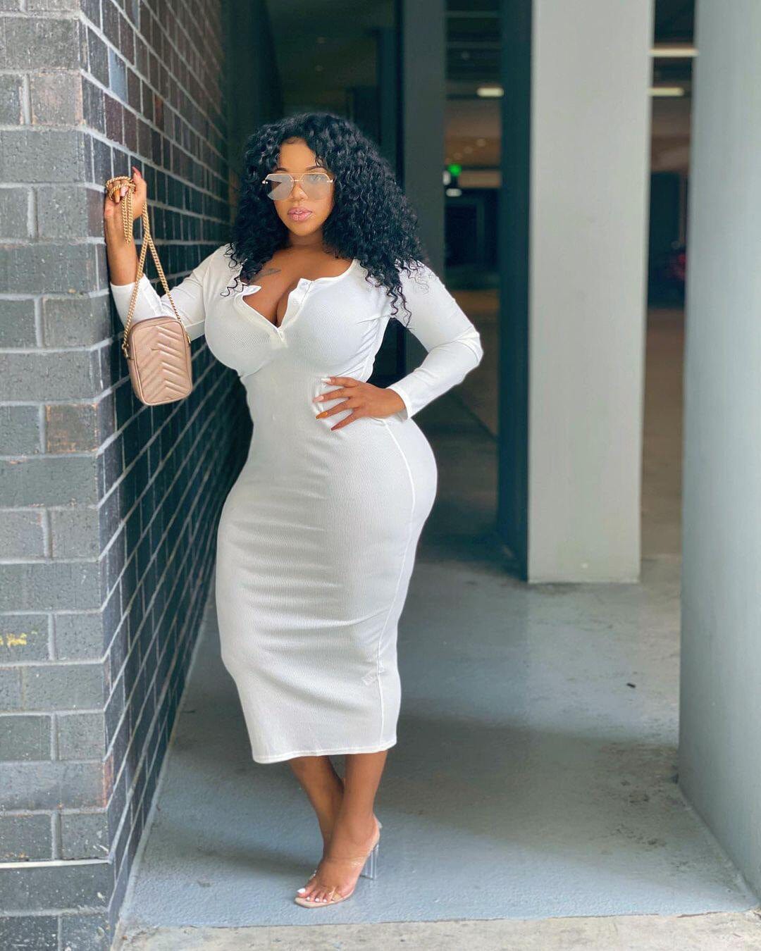 2 XL / White FNN-8629 Autumn And Winter Women'S Clothing Sexy Solid Color V-Neck Long-Sleeved Plus Size Women'S Dress