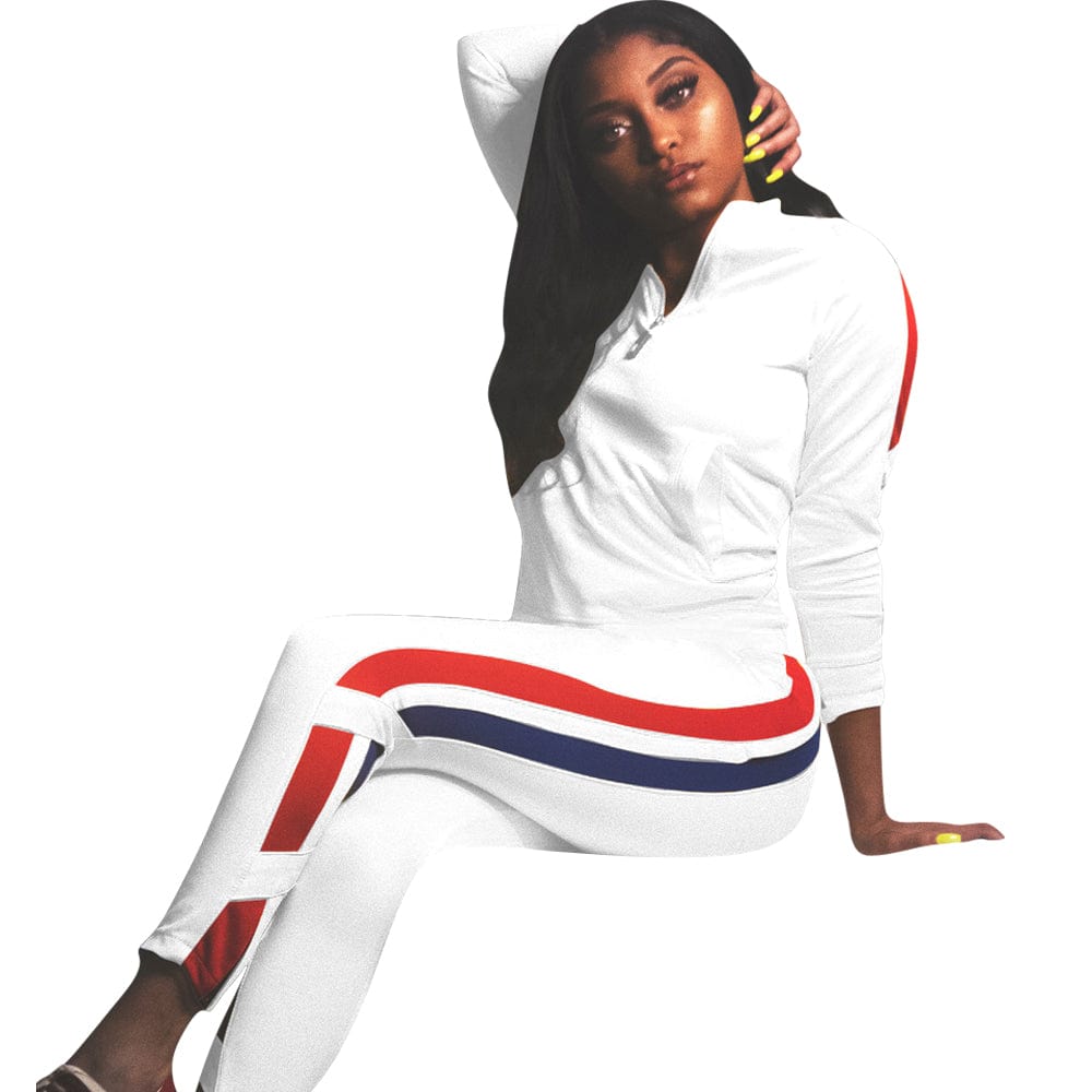 2 XL / White MNL1059 autumn winter new sports zipper long sleeved side striped trousers solid color jogging 2 piece set women sweatsuit set