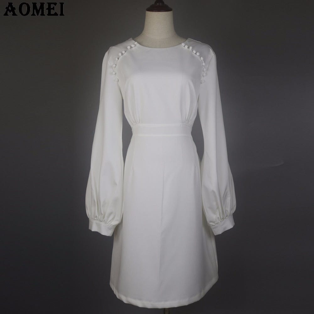2 XL / White Plus Size High Waist Sashes Puff Sleeves Office Girl Career Dress