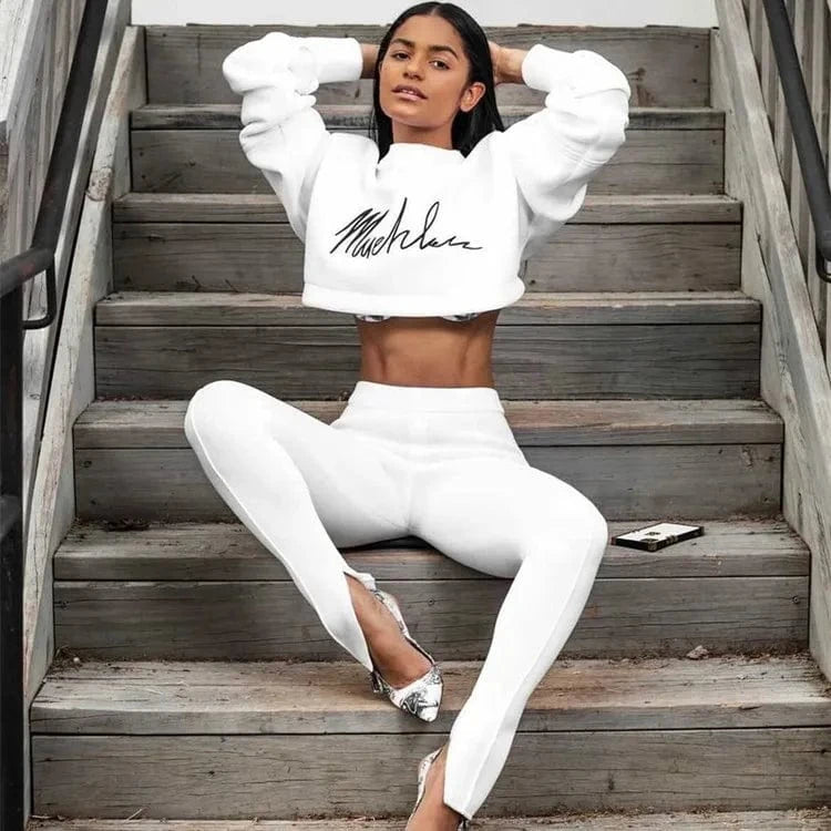2 XL / White Sexy Navel Two Piece Sets Women Clothing Embroidery Long Sleeve 2 Piece Pants Set for Ladies