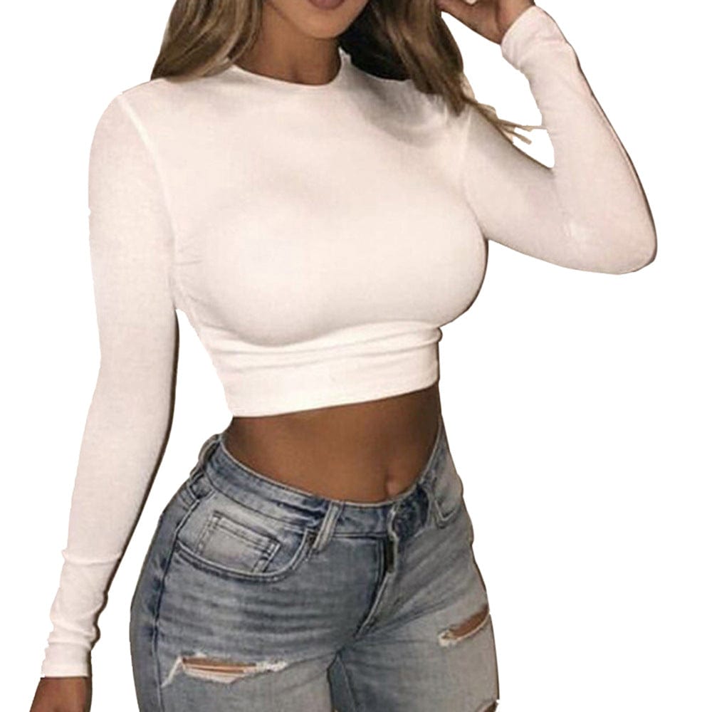 2 XL / White Women Sexy Bodycon T-shirts Autumn Women Long Sleeve O-neck Crop Top Sheath T-shirts Fashion Summer Autumn Solid Tops