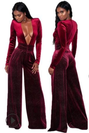 2 XL / wine Big plus size women Black jumpsuits womens fashion deep v neck sexy clubwear elegant ladies velvet jumpsuits romper YY10038