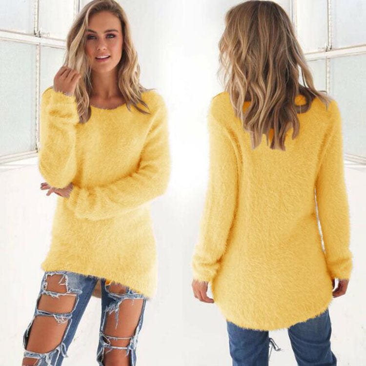 2 XL / Yellow 2022 Fall Fashion Ladies Solid Color Fleece Loose Sweater Top Women Winter Crewneck Long Sleeve Pullover Warm Sweaters for Woman