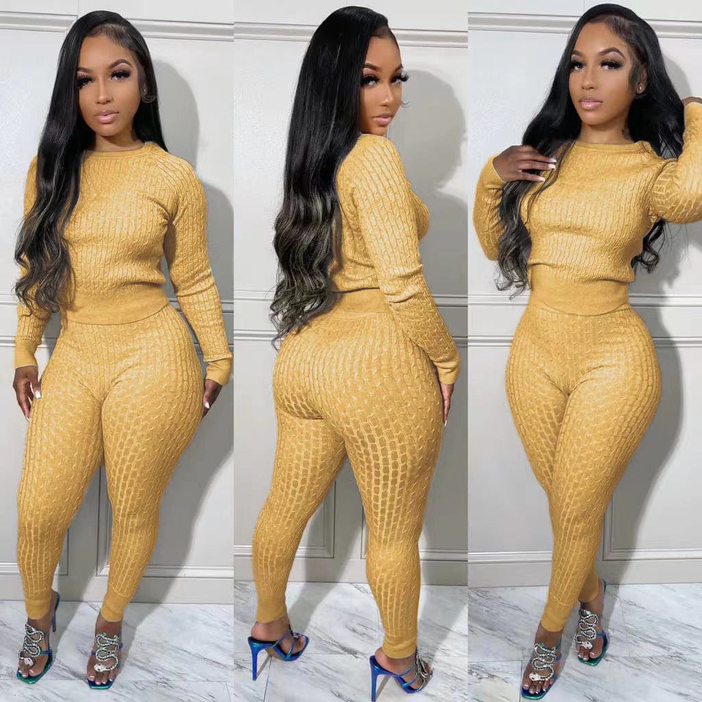 2 XL / Yellow 2022 New Womens Clothing Knit Sweater Suits Two Piece Pants Set Women Sweater Suit Two Piece Pants Set