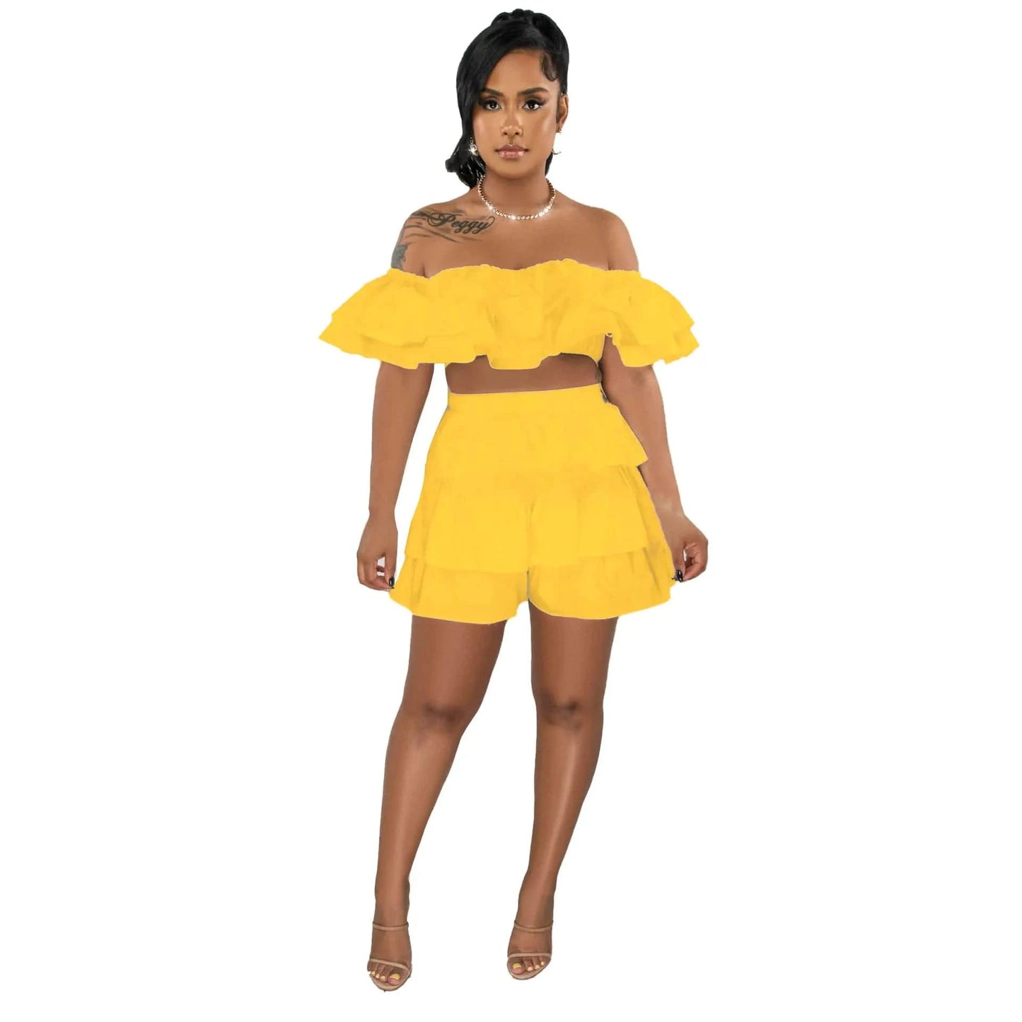 2 XL / Yellow 2023 summer ruffle short sets for women clothing casual crop top 2 two piece short set