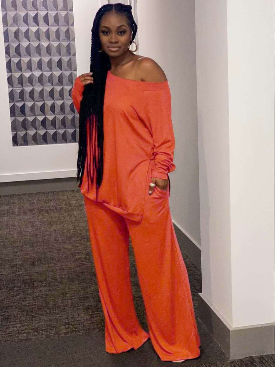 2 XL / Yellow CMM-756 Plus Size Women'S Solid Color Casual Split Blouse Wide Leg Pants Casual Wide-Leg Pants Two-Piece Suit