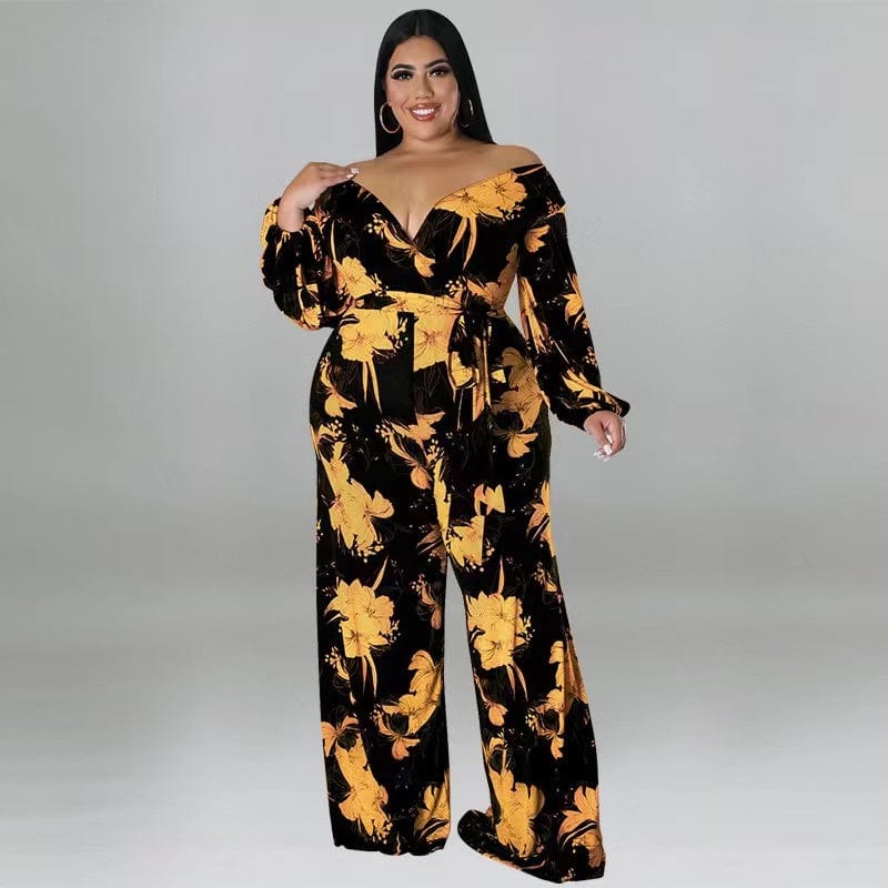 2 XL / Yellow J&H 2023 new arrivals plus size fall women clothes sexy v neck palazzo pants suits chic floral print wide leg jumpsuits casual