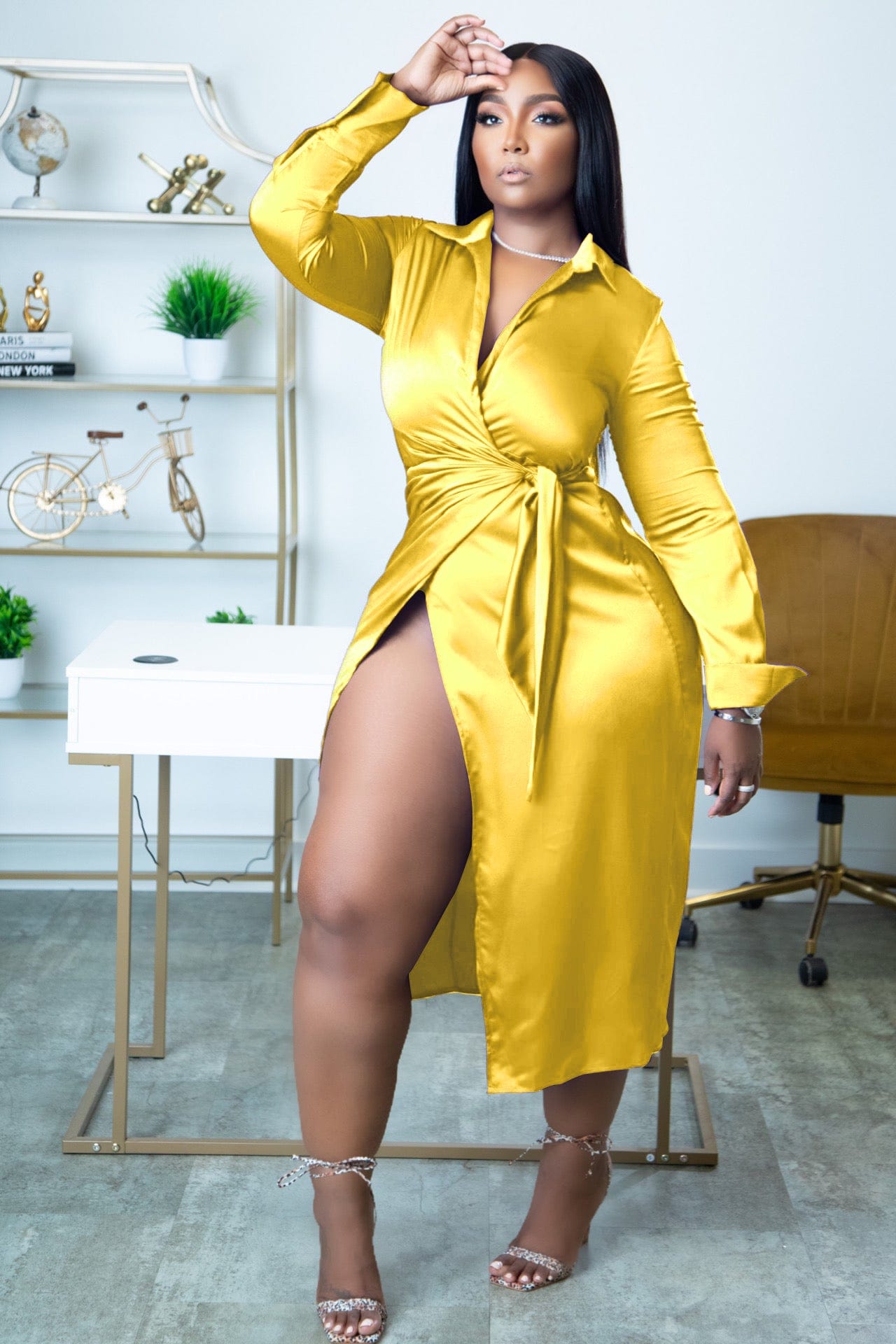 2 XL / Yellow J&H fall 2022 hot sale satin robe dress ladies elegance long sleeve high slit shirt dress solid color sexy casual wear