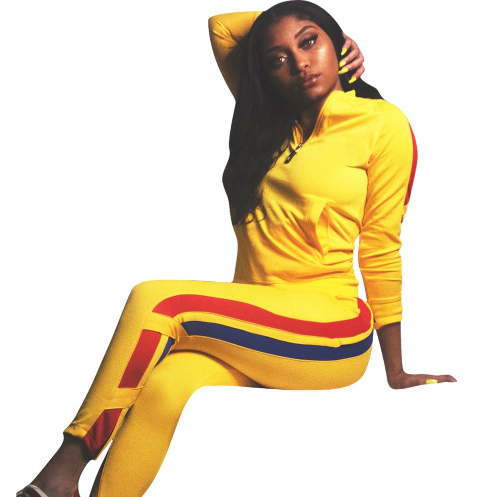 2 XL / Yellow MNL1059 autumn winter new sports zipper long sleeved side striped trousers solid color jogging 2 piece set women sweatsuit set