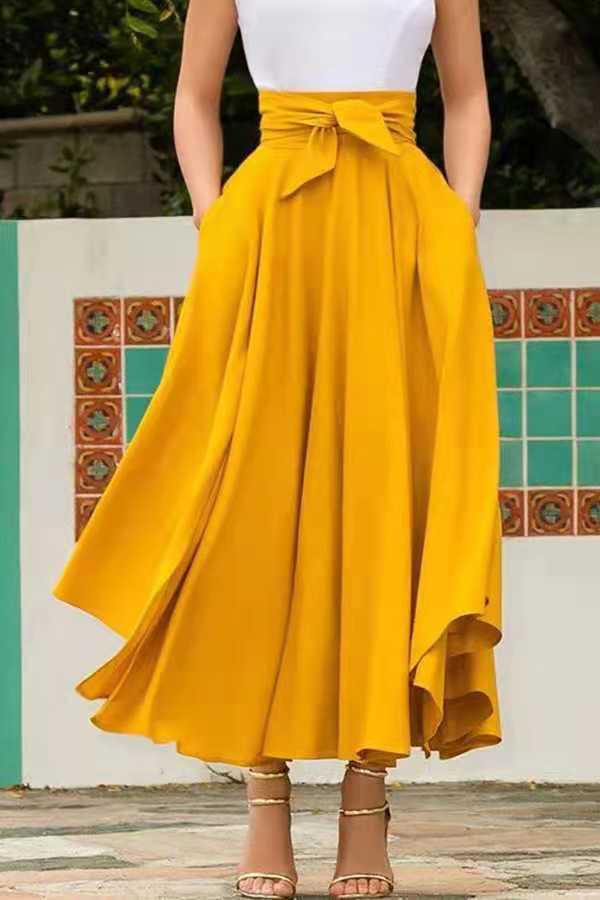 2 XL / Yellow new arrival Fashion Women Girls Europe and America Solid Color Bow Belt Big Hem Hot Sell Dress Long Skirt plus size