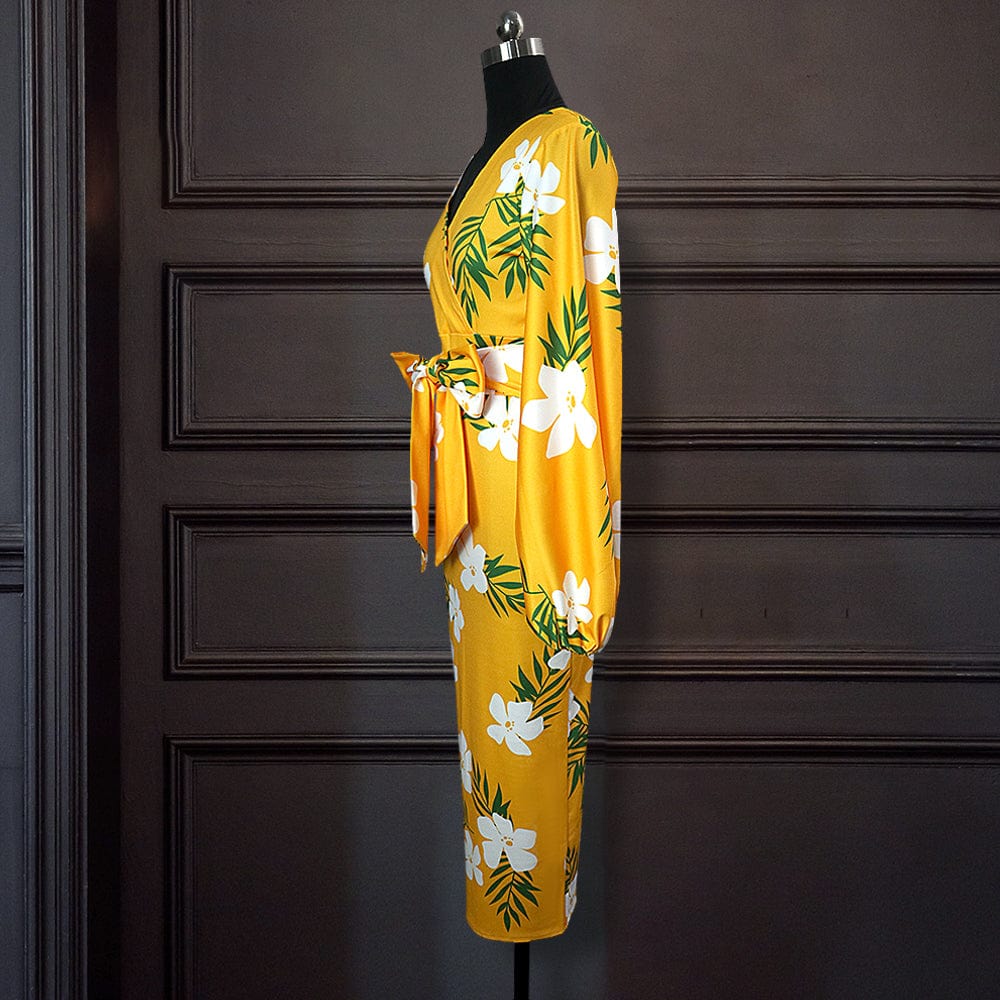 2 XL / Yellow Summer 2022 New Yellow V Neck Print Slim Waistline Women Casual Dress