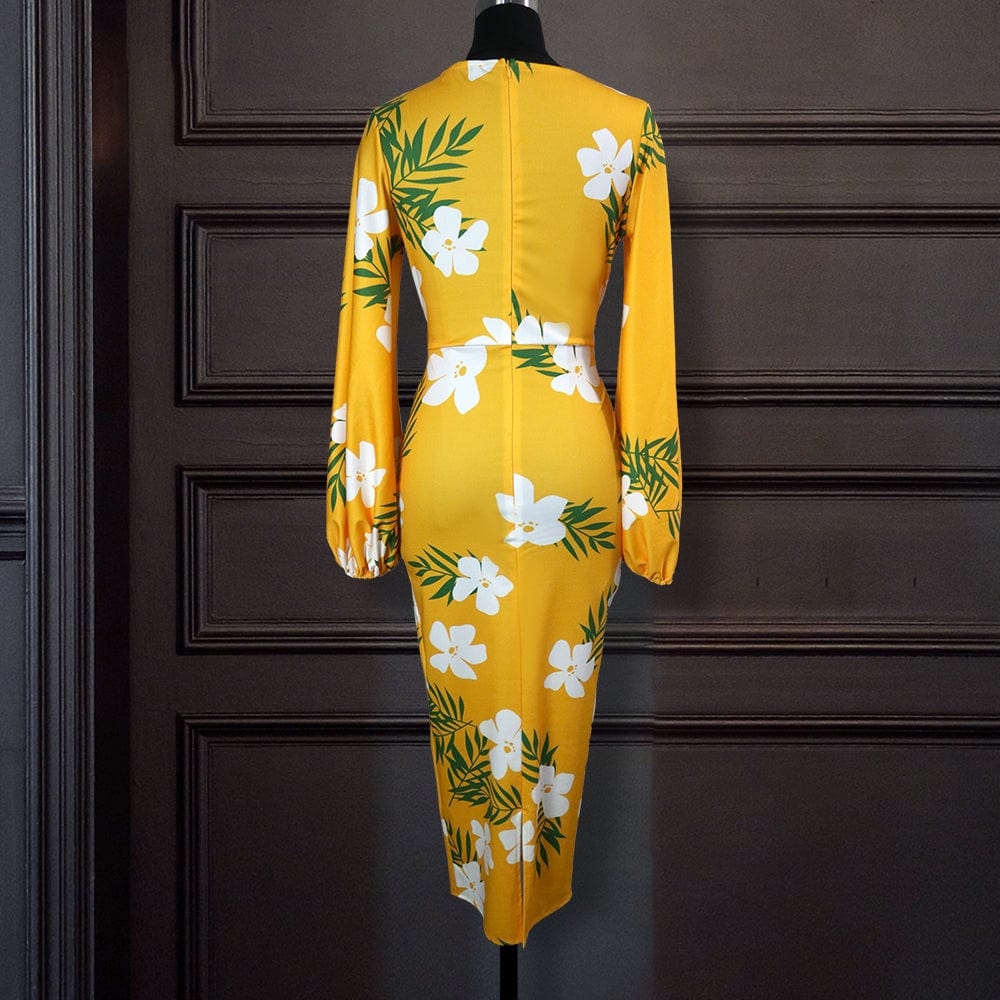 2 XL / Yellow Summer 2022 New Yellow V Neck Print Slim Waistline Women Casual Dress