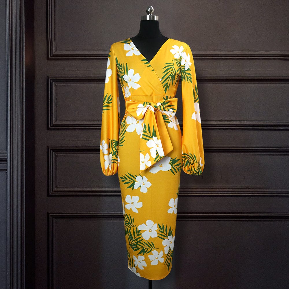 2 XL / Yellow Summer 2022 New Yellow V Neck Print Slim Waistline Women Casual Dress