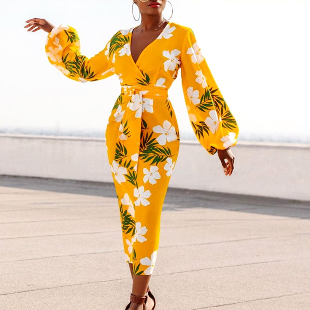 2 XL / Yellow Summer 2022 New Yellow V Neck Print Slim Waistline Women Casual Dress