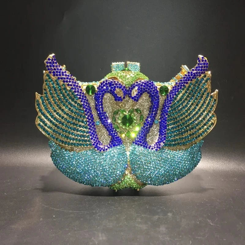 20*13*5cm / green 2 Luxury Blue&Silver Women Swan Clutch Crystal Evening Bags Wedding Party Dinner Bling Purse Ladies Rhinestone Minaudiere Handbag