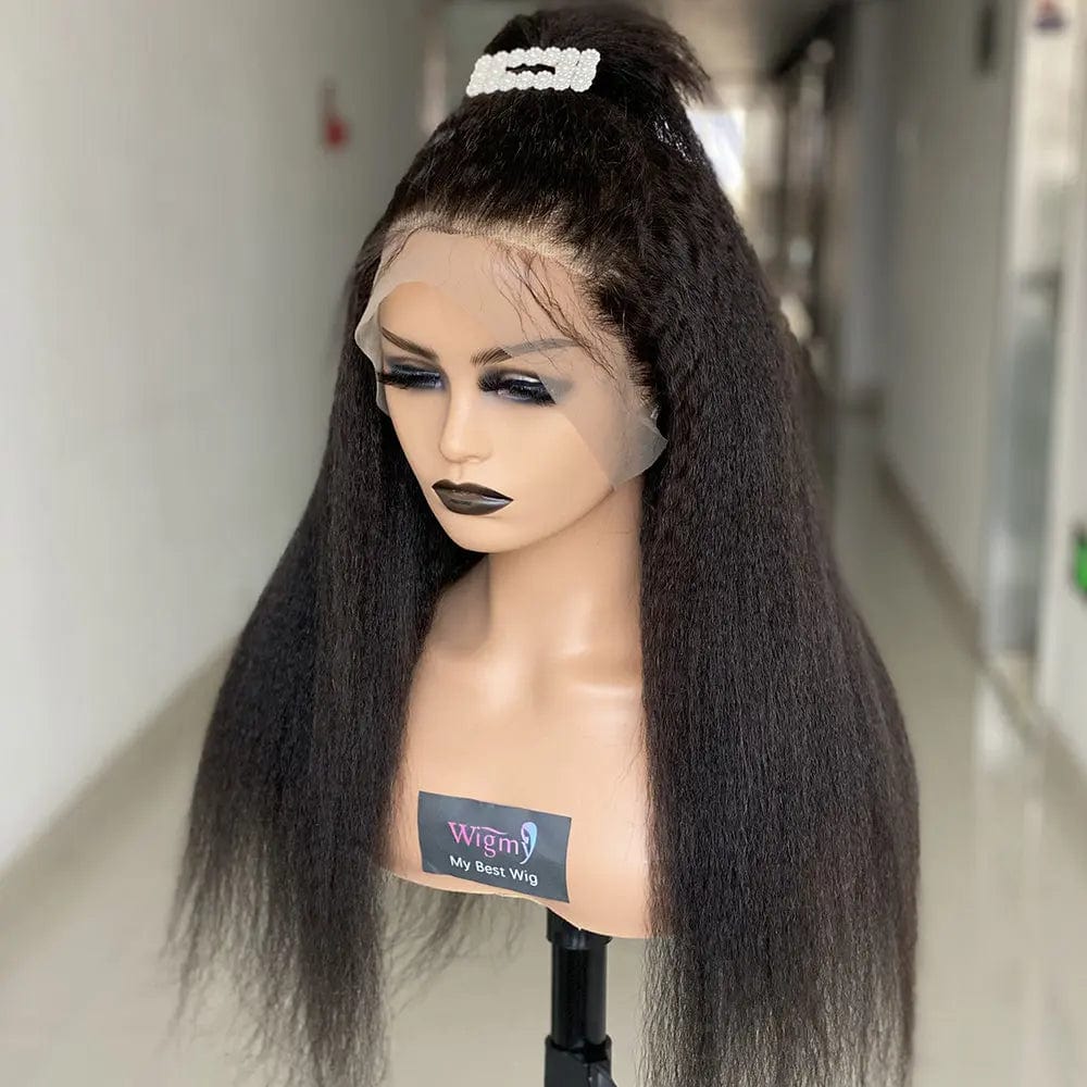 20 Inches / Black Lace Front Wig Yaki Human Hair Wig Brazilian Kinky Straight Lace Front Wig For Women Pre plucked 13*4