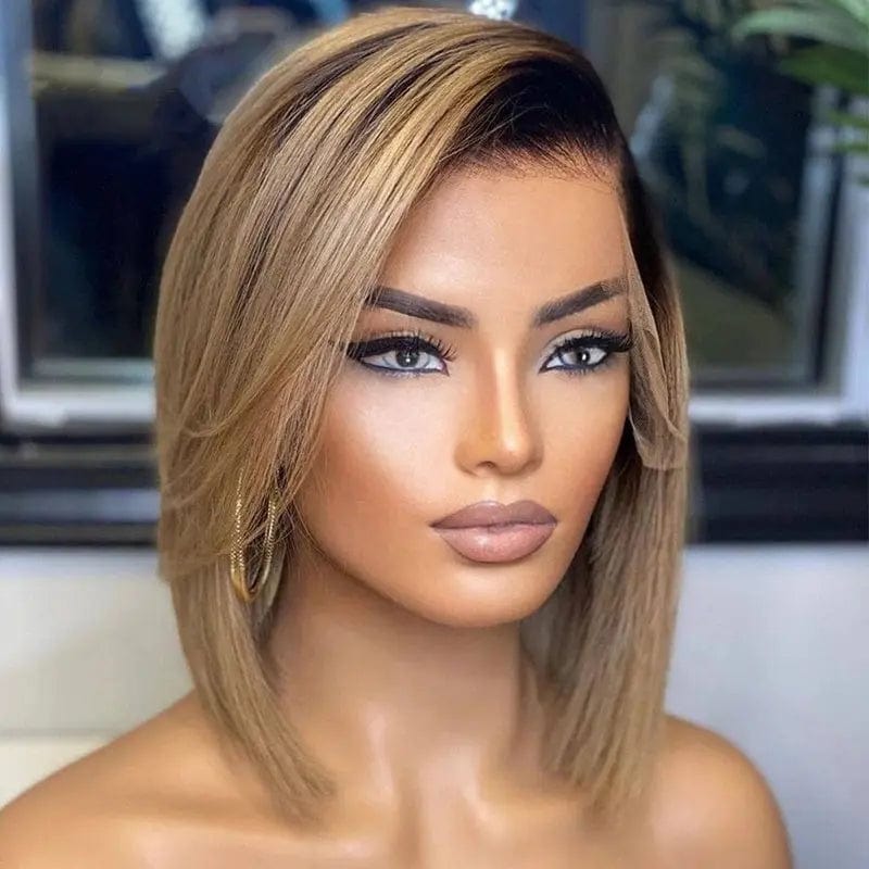 20 Inches / Black Root Blonde Wigs Uprocessed Swiss Lace Front Wig Blonde Straight Black Root Bob Brazilian Cuticle Aligned Hair Lace Frontal Wig