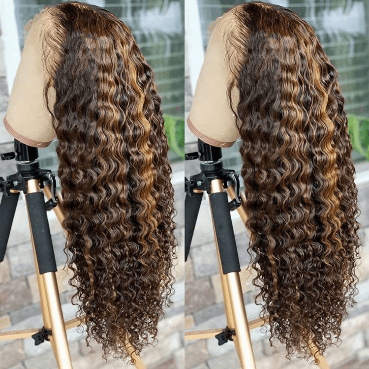 20 Inches / Color 2 Bleached Knots Wet Curly Brown Highlight Color Full Cuticle Aligned Human Hair HD Lace Front Wigs With Baby Hair