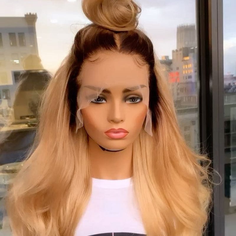 20 Inches / Ombre Brown Color Swiss Lace Ombre Honey Blonde Color High Ponytail Body Wave Cuticle Aligned Human Hair HD Lace Front Wigs