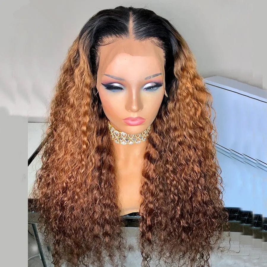 20 Inches / Ombre Color 4 Wholesale Price High Density Deep Curly Ombre Honey Brown Color Virgin Brazilian Cuticle Aligned Hair Lace Frontal Wigs