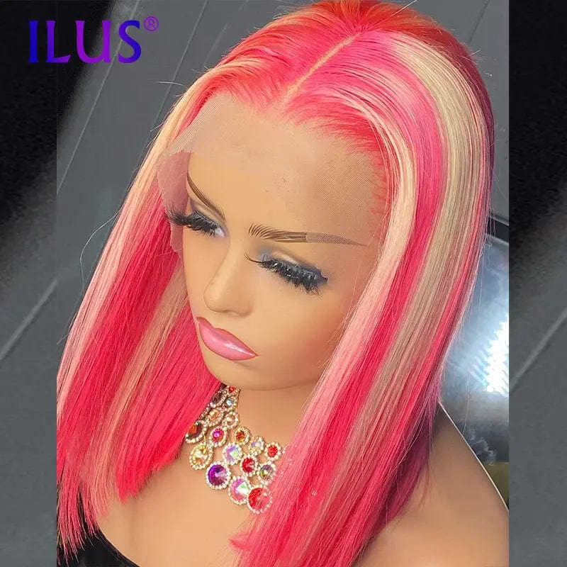 20 Inches / Pink Hot Sale Free Shipping Straight Colored Short Bob Wigs Pink/Purple/Bule/Red Lace Front Human Hair Wigs For Black Women Brazilian