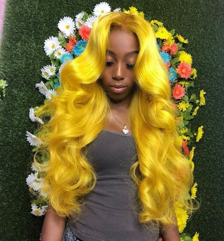 20 Inches / Yellow Human hair 180 density 24inch long 10a body wave double drawn peruvian hair yellow 360 glueless lace front wig for women