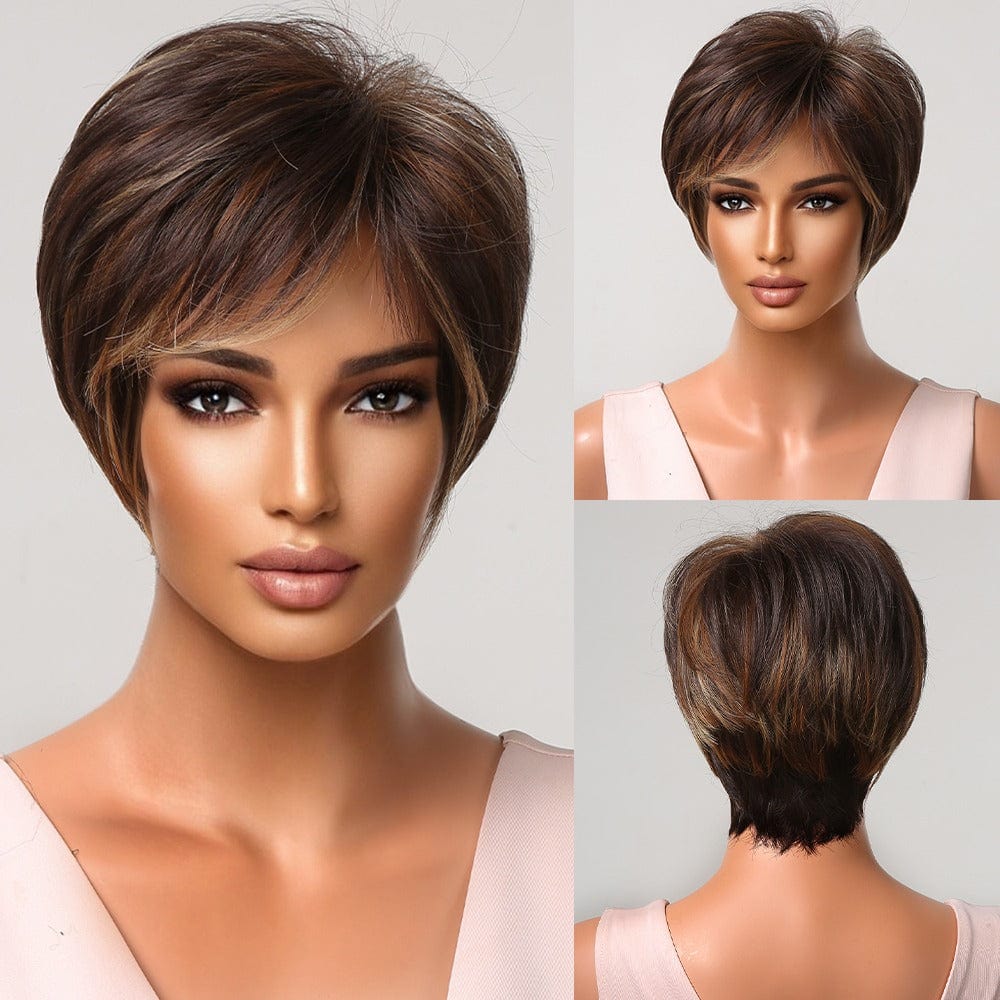 2020-6 Factory Outlet Mixed Dark Blonde Brown Wig for Black Women Natural Synthetic Short Pixie Cut Wigs with Bangs Heat Resistant
