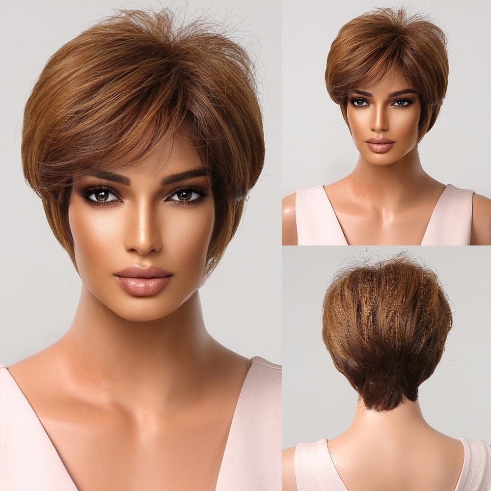 2020-7 Factory Outlet Mixed Dark Blonde Brown Wig for Black Women Natural Synthetic Short Pixie Cut Wigs with Bangs Heat Resistant