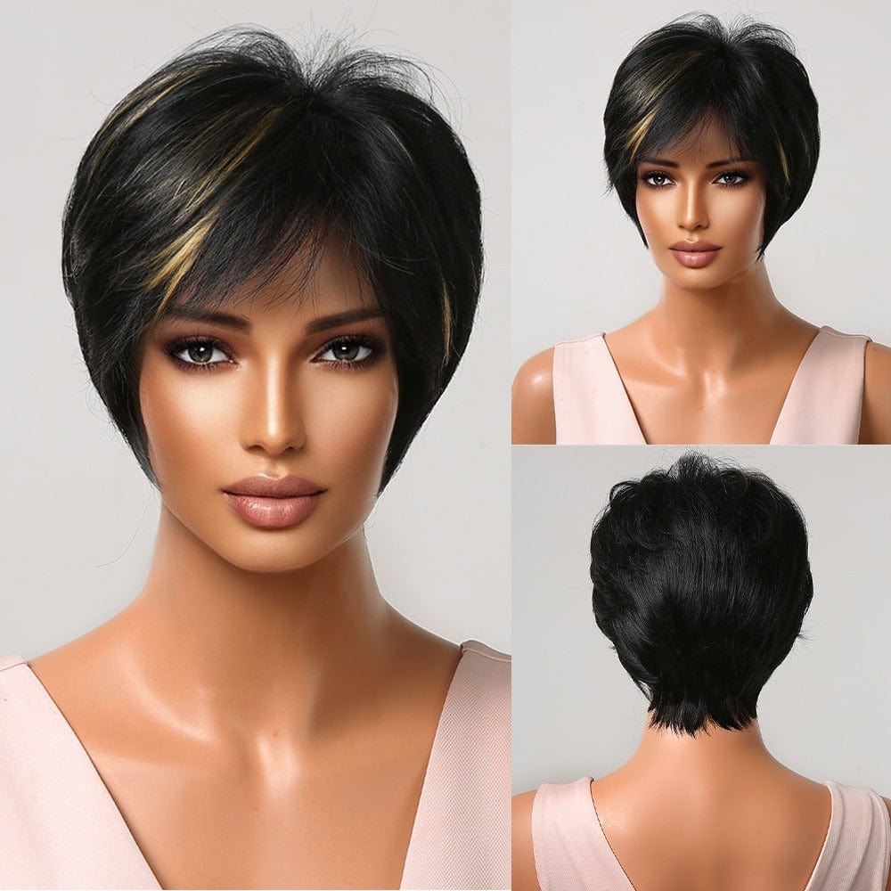 2020-8 Factory Outlet Mixed Dark Blonde Brown Wig for Black Women Natural Synthetic Short Pixie Cut Wigs with Bangs Heat Resistant