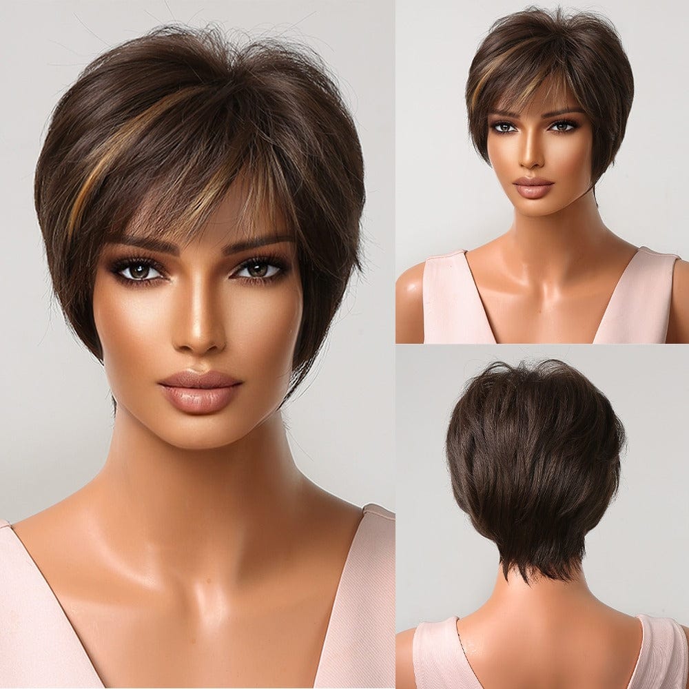 2020-9 Factory Outlet Short Pixie Cut Wigs for Women Afro Golden Chocolate Brown Synthetic Hair Wig with Bangs Heat Resistant Wig