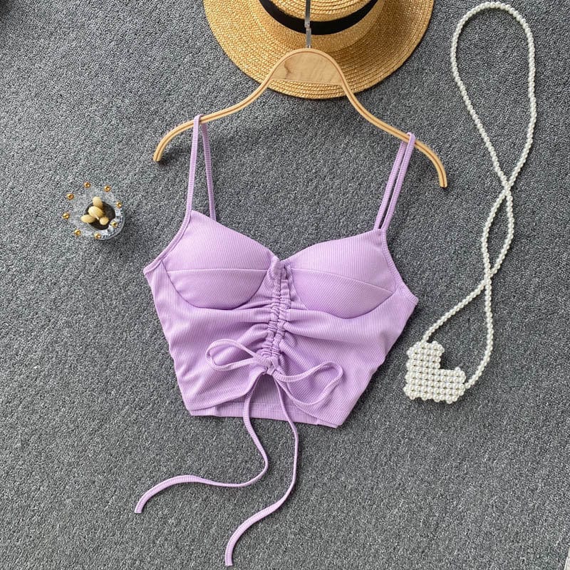 2022 Amazon Top Seller Women Summer Simple spaghetti strap tank top Drawstring knit women y2k crop tops