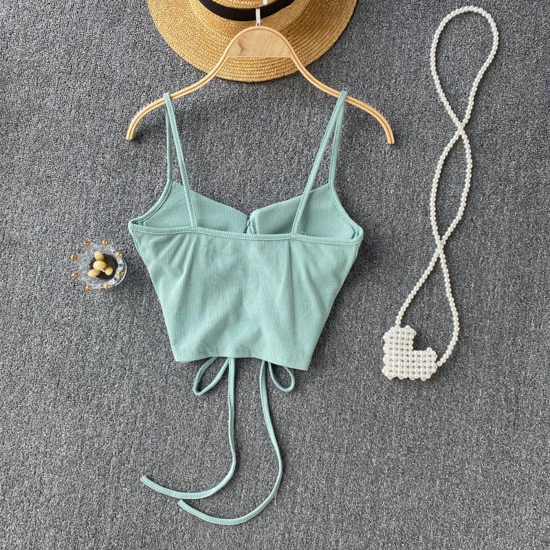2022 Amazon Top Seller Women Summer Simple spaghetti strap tank top Drawstring knit women y2k crop tops