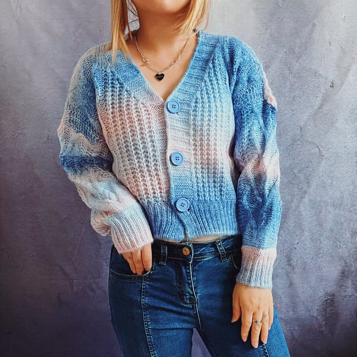 2022 Autumn And Winter Light Thin Loose Rainbow Gradient Color Single-Breasted V-Neck Long-Sleeved Sweater Cardigan For Women