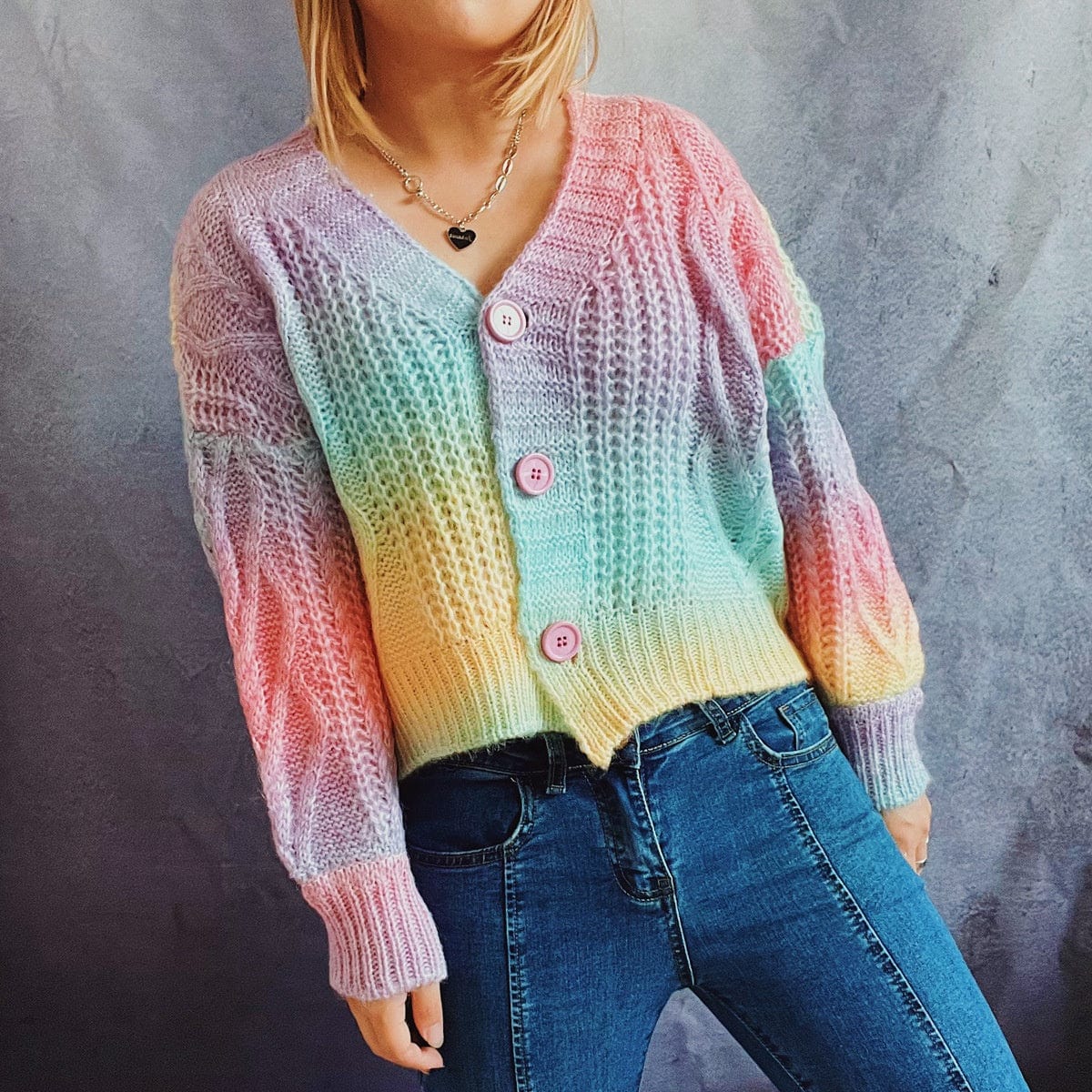 2022 Autumn And Winter Light Thin Loose Rainbow Gradient Color Single-Breasted V-Neck Long-Sleeved Sweater Cardigan For Women